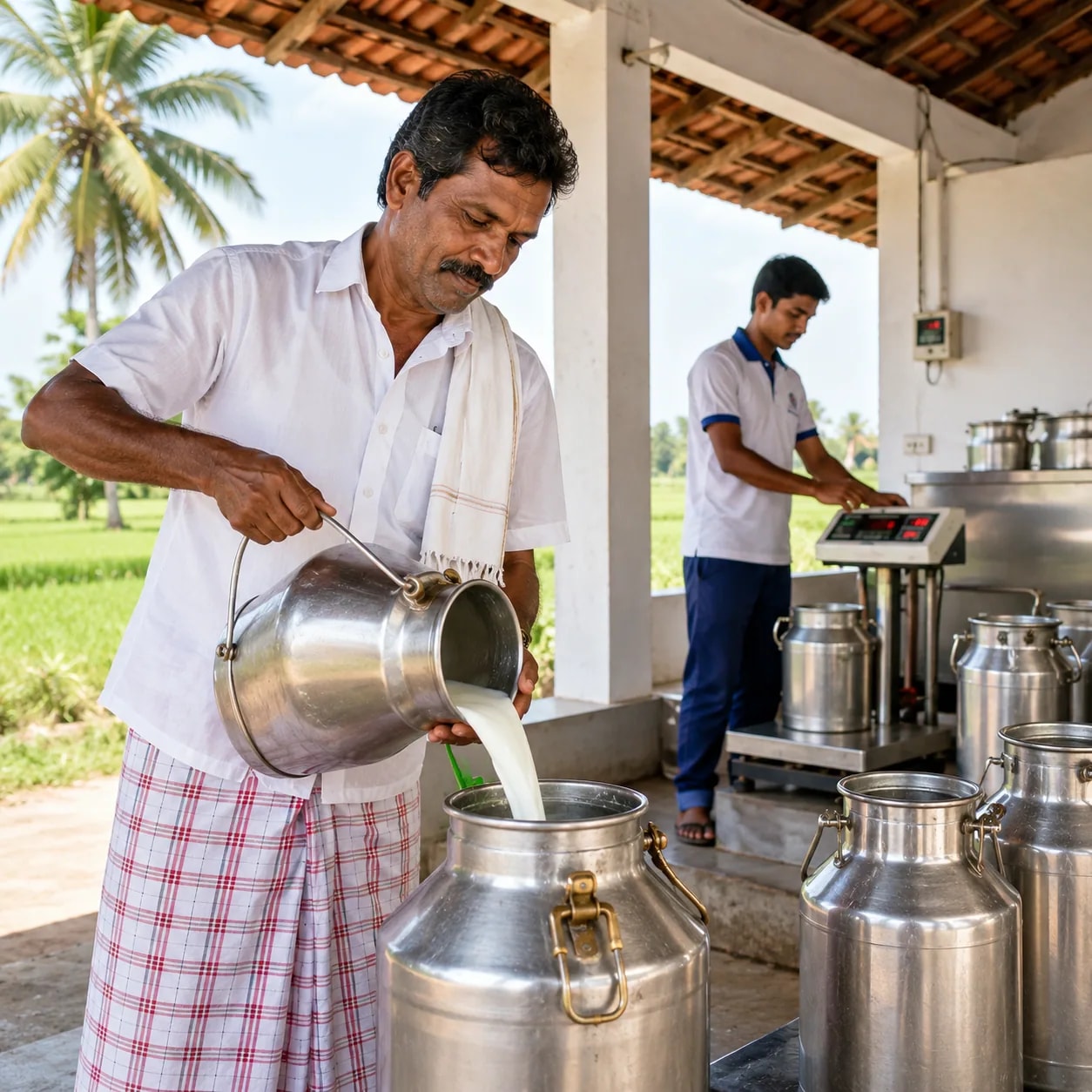 Farmer delivering milk at a Vijaya village collection centre