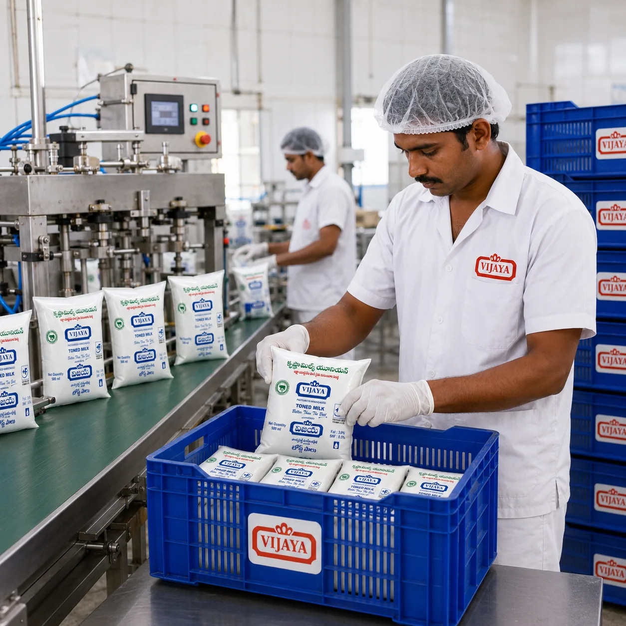 Vijaya milk pouches being sealed on an automated packaging line