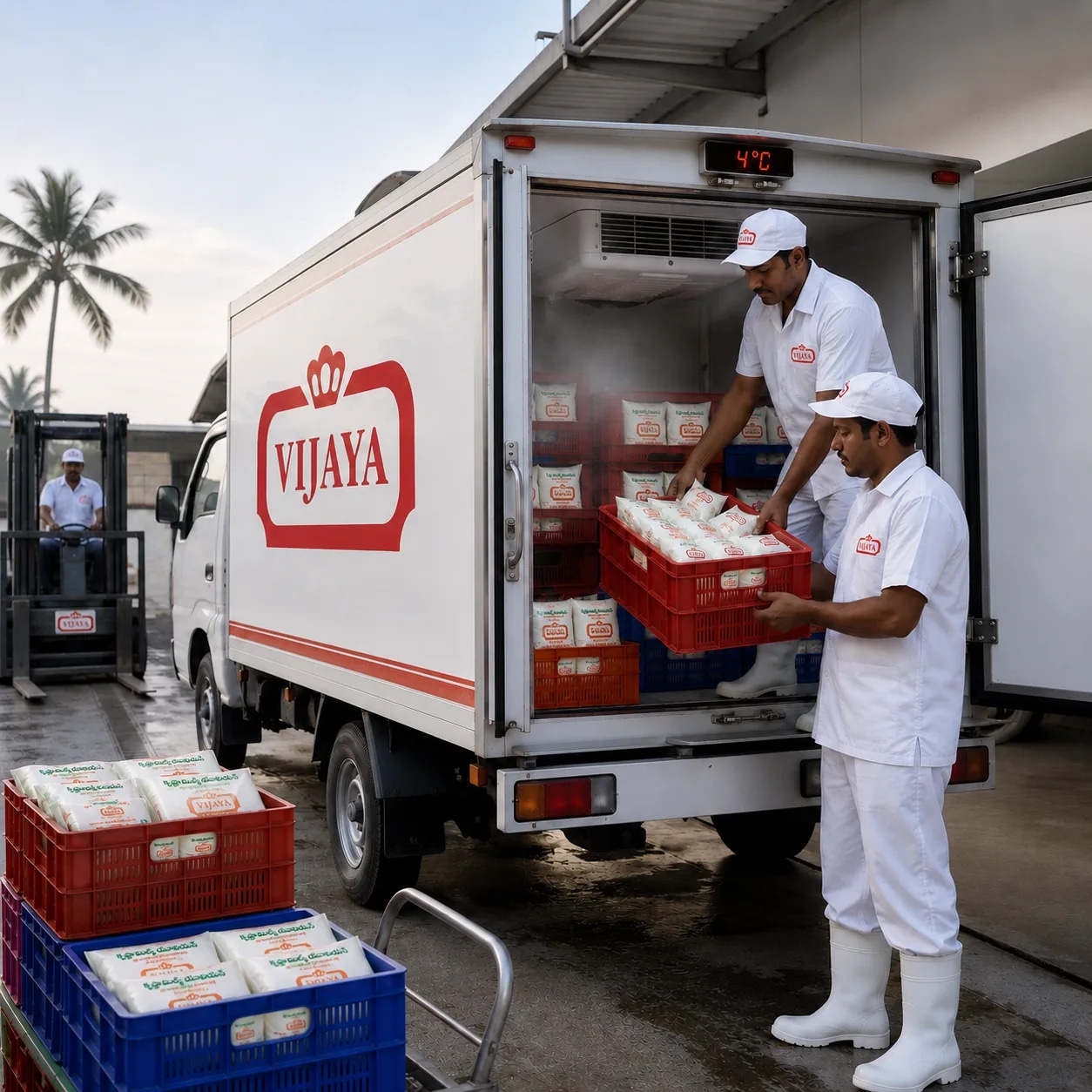 A refrigerated Vijaya delivery van leaving the dairy at dawn