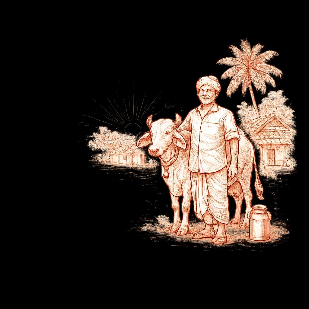 An illustration of a Vijaya farmer, cow and village home
