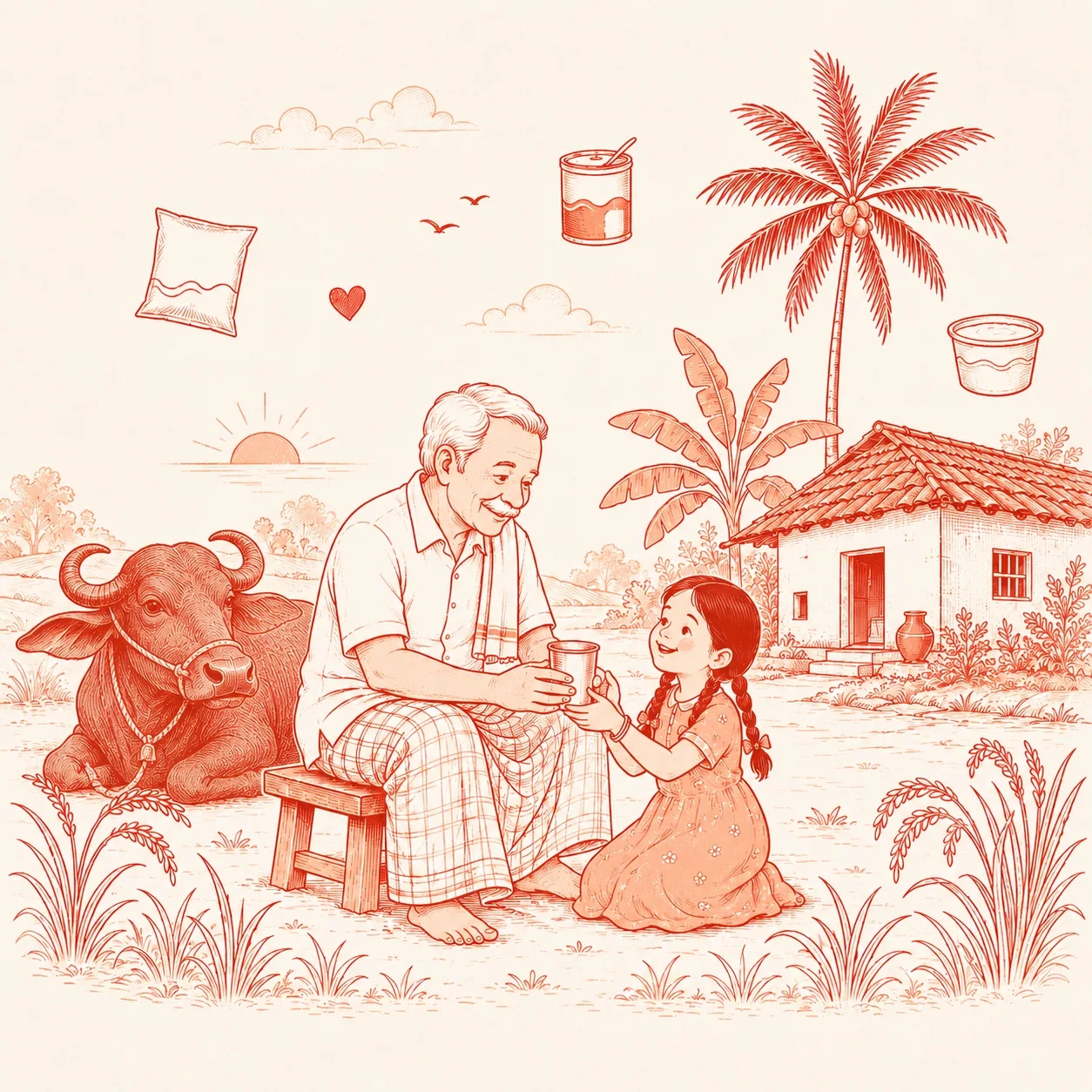 A Vijaya farmer and child sharing a glass of milk