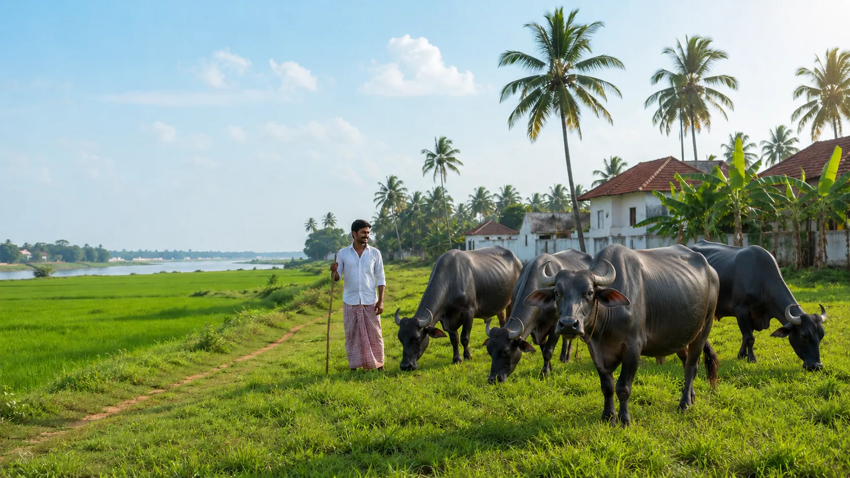 Healthy Ongole cows in a lush green Andhra Pradesh pasture